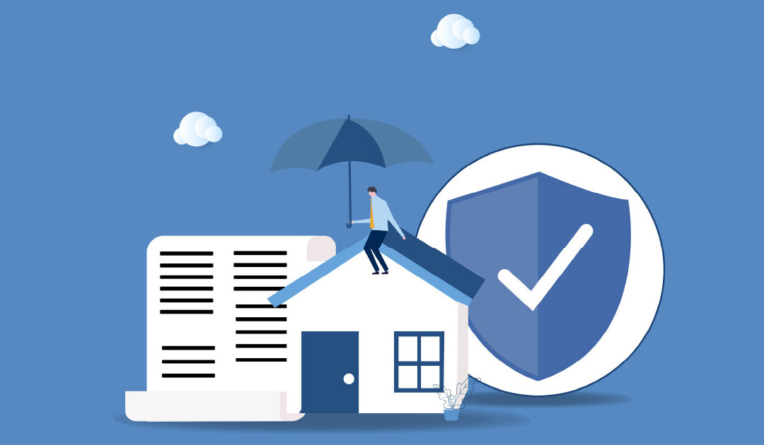 An illustration of a person covering a home with an umbrella beside a document and a shield symbol signifying a roofing warranty.