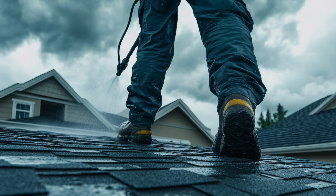 An ominous photo of a homeowner cleaning a roof with a pressure washer