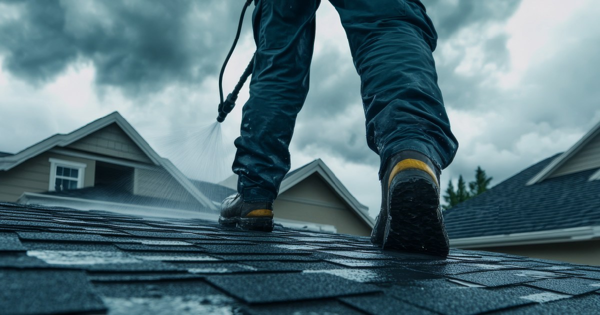 An ominous photo of a homeowner cleaning a roof with a pressure washer